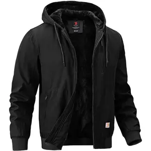 BGOWATU Men's Cotton Work Jacket Insulated Flannel Lined Full Zip Hoodies Active Winter Coat with Utility Pockets