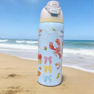 Owala 32oz Pure Copper Insulated Vacuum Flask Tumbler - Rosé & Croissant Picnic Design, Portable Beach Water Bottle, All-Day Icy Cold, Floral Fashion Accessory with Bag, Glass Juice Lid, Straw & Duck Can, Water Bottles