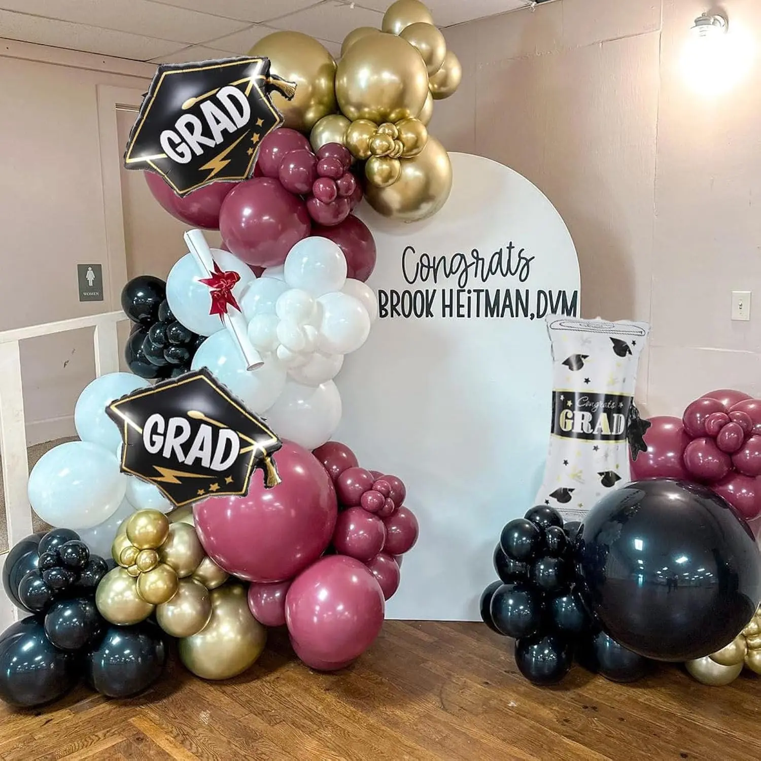 144PCS Graduation Balloon Garland Kit with Burgundy Black Gold & Grad Hat Balloons Decor
