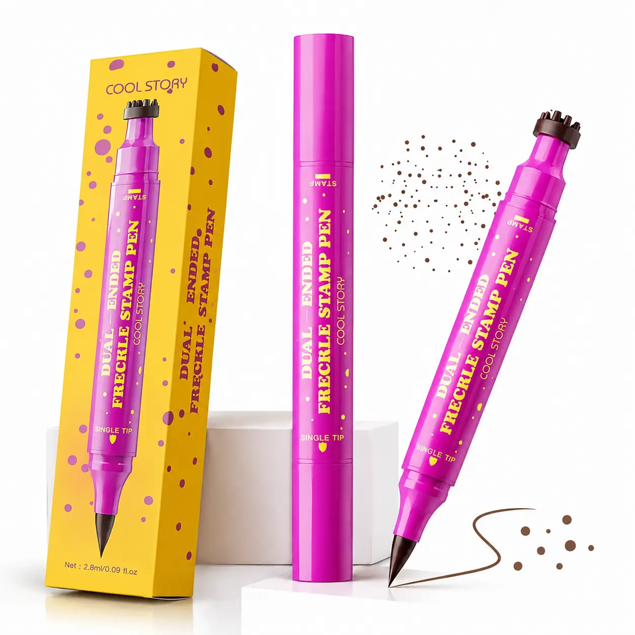 Dual Ended Freckle Stamp Pen, Natural Fake Freckles Makeup Pen Long Lasting Waterproof, 4 Shades Soft Brown Freckle Marker for Natural Sun-kissed Look