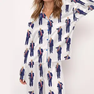 Donald Trump Satin Pajama Set For Women Print Comfy Satin Sleepwear & Loungewear Pjs Printing Silky Top & Bottoms - SHESHOW