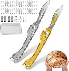 2pcs Bread Lame Dough Scoring Tool,Folding Bread Scoring Knife with 40 Razor Blades,Multi-Function Sourdough Scoring Tool for Homemade & Baguette Artisan Bread Baking Supplies (Gold/Gray)