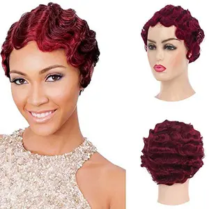 Short Curly Nuna Wigs Pixie Wigs for Women Synthetic Finger Wave Hair Wig, Red