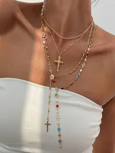 Gold Layered Cross Necklace Set For Women, 4Pcs Gold Chain Pearl Cross Choker Chunky Pendant Vintage Long Y Necklaces Statement Adjustable Dainty Layering Faith Necklace Jewelry Gift For Valentine's Day Gift New Year Gift