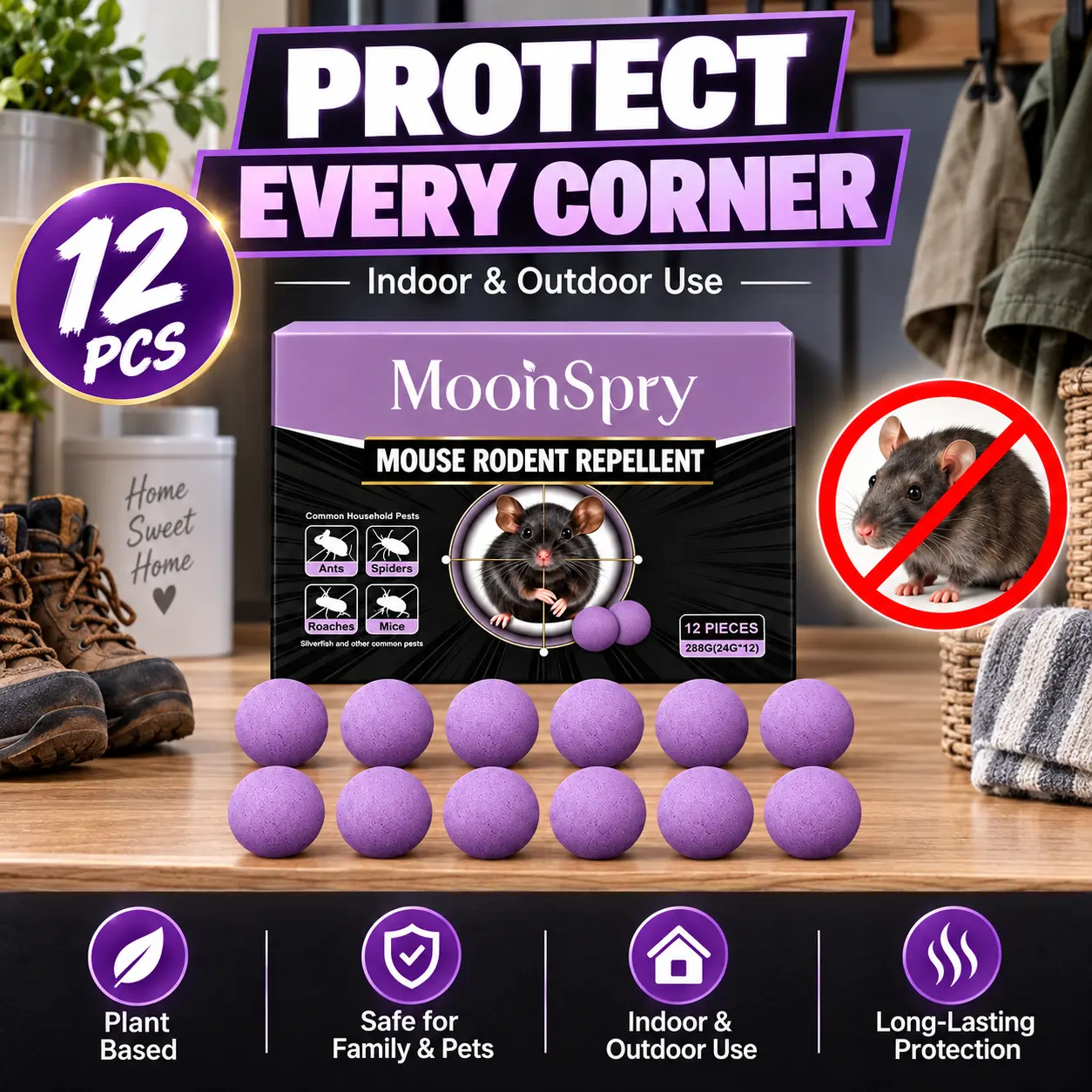 12PCS Mouse Repellent Balls, Plant-Based Scent Rodent Deterrent for Home, Easy-Place Mouse & Rat Repellent for Kitchen, Garage, Pantry, Basement, Closet & Storage Spaces