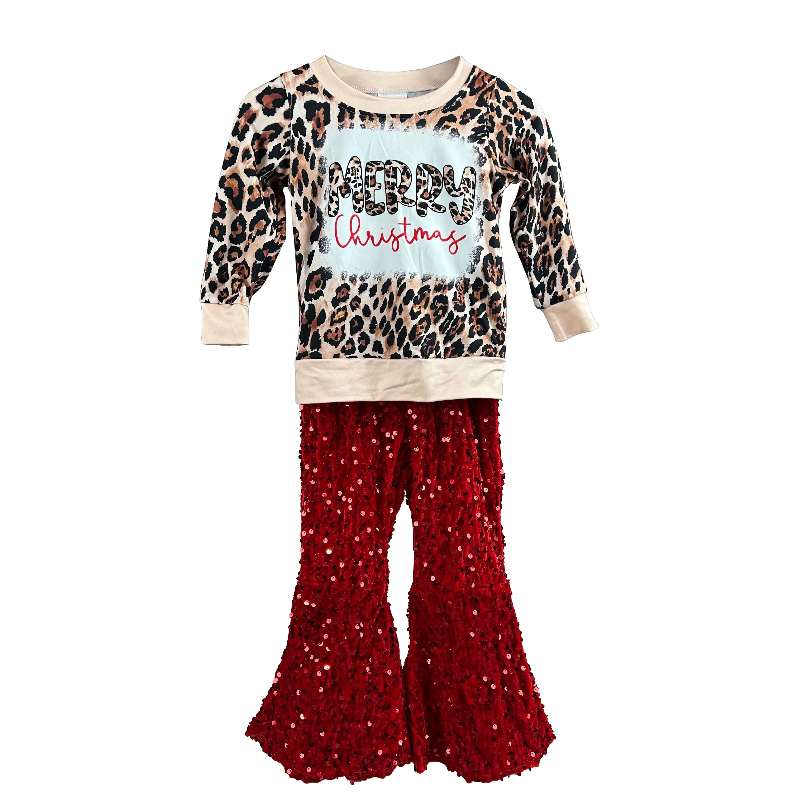Merry Christmas Kids Girls Outfits: Long Sleeve Leopard Top + Sequin Flared Pants | Trendy Toddler Girl Fashion