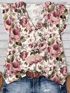 Elegant Party 2026 Spring Summer Women's Fashion Round Neck Printed Commuter Daily Blouse Shirt Short Sleeve Ruffle Sleeves Top