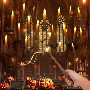 Included Floating Candles with Wand Remote, 12 count Flickering Warm Light Flameless Taper Candles, Magic Hanging Candles with Base for Birthday Party, Halloween Decorations