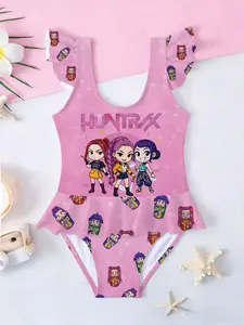 Girls' One-Piece Toddler Swimsuit Swimwear Huntr/x Girl Group Q Version Printed Star Full Pattern Same Color Flying Sleeves Ruffle Pool Beach Style