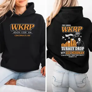 First Annual Wkrp Turkey Drop Two Sides Tshirt Sweatshirt Hoodie, Thanksgiving Wkrp Shirt, Thanksgiving Day Gifts, Unisex Short Sleeve Tee, Graphic Streetwear T-Shirt Tops Crewneck Casual
