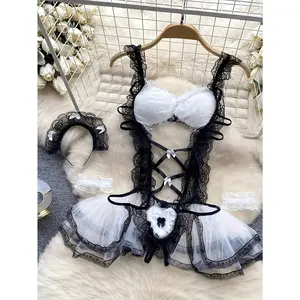 Sexy Naughty Maid Role Play Costume - Black Lace & Bow Detailing, Medium Support, No Padding, Bodysuit with Thong Panties, Suspender Dress & Bracelet Set, Adult Women's Underwear, Lingerie Sets