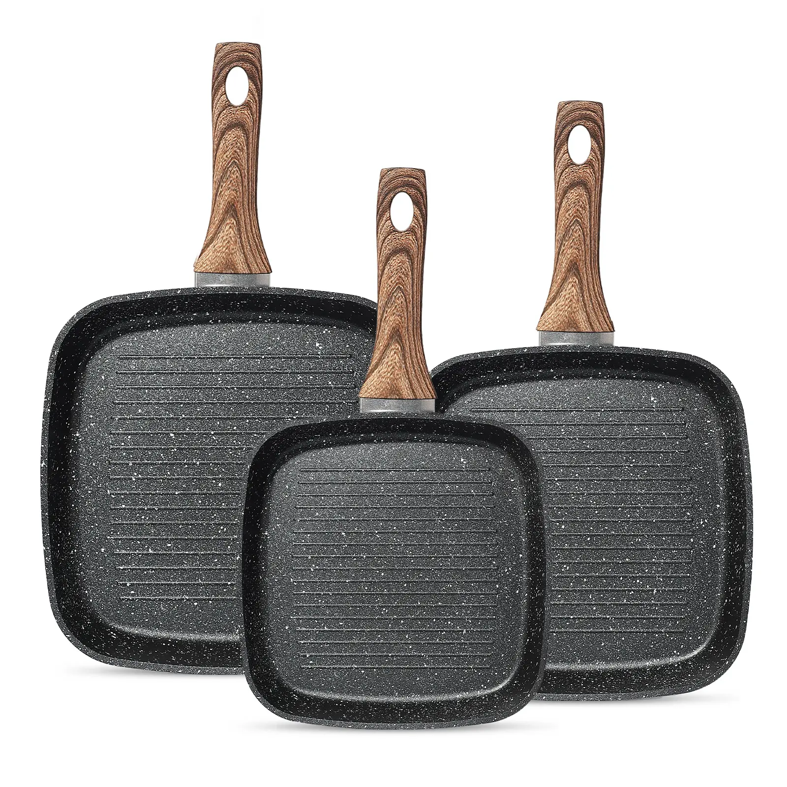 3 Piece Nonstick Square Frying Pan Skillet Set, PFOA-Free Granite Coated Grill Pans with Stay-Cool Wood-Grain Handles, Compatible with All Stovetops Including Induction, 9.5"/10"/11" Sizes for Grilling, Frying & Searing