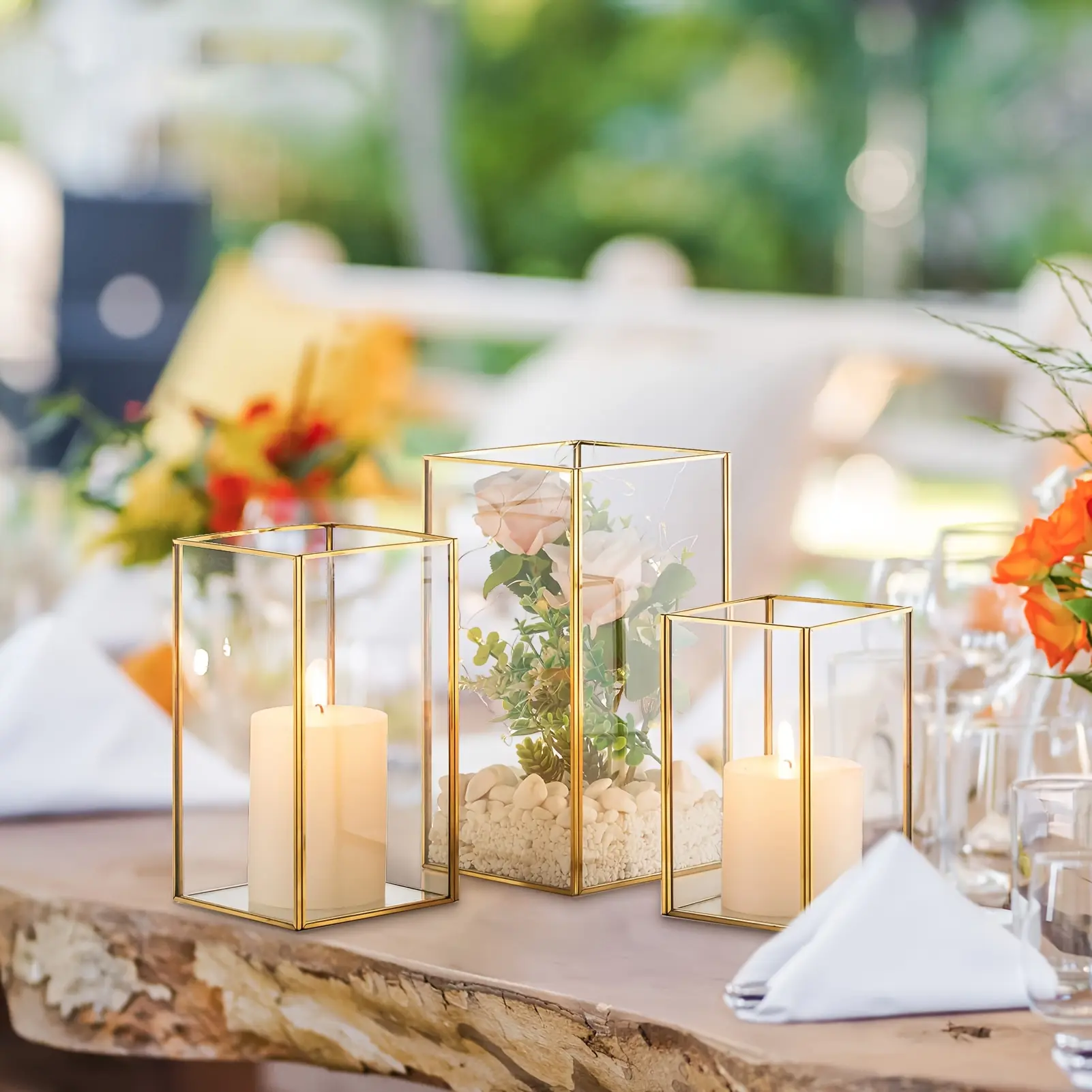 3Pcs/set Hurricane Glass Candle Holders, Gold Lanterns Candle Holder for Pillar Candles Geometric Table Centerpiece for Outdoor & Indoor Wedding Christmas Holiday Party Decor