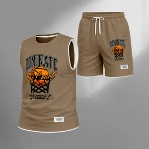 Men’s Basketball Graphic Print Summer Set Sleeveless Tank Top & Shorts Matching Outfit, “Dominate The Court” Letter Print with Hoop & Ball Design, Lightweight Casual Streetwear Athletic Set for Everyday & Workout