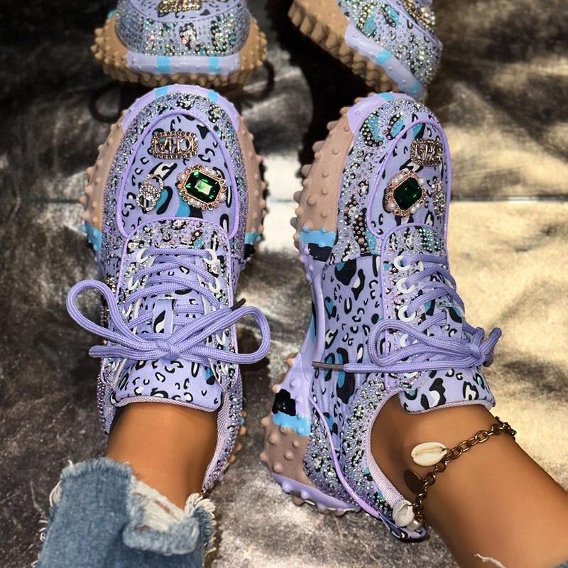 Women Casual Rhinestone-Embellished Sneakers Fashion Beaded Walking Shoes Outdoor Non-Slip Flat Shoes