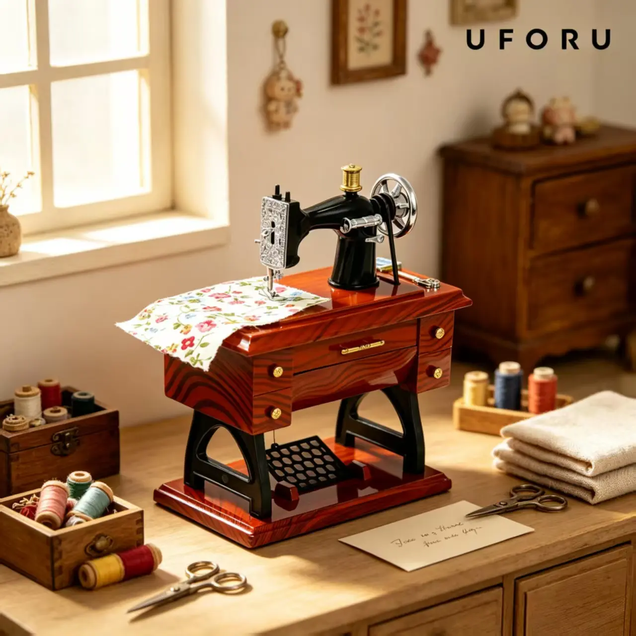 UFORU Vintage Mini Sewing Machine Music Box, Wooden Retro Desktop Decor, Farmhouse Tabletop Ornament Collectible, Nostalgic Gift for Mom, Grandma & Sewing Enthusiasts for Bookshelf Desk Side Table