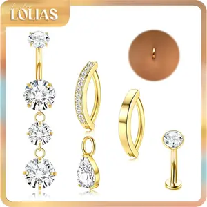 LOLIAS 5pcs 14G Surgical Stainless Steel Belly Piercing Set - Hypoallergenic Gold/Silver Clicker & CZ Dangle Female Body Jewelry with Pendants for Women's Navel Piercings, Bellypiercing