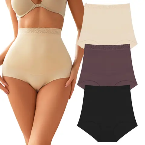 FINETOO Women's High Waisted Lace Tummy Control Underwear – Invisible, Full Coverage, Stretchy and Comfy Boxer Briefs, Hourglass Fit, 3-Pack (Sizes S-3XL), Springtok