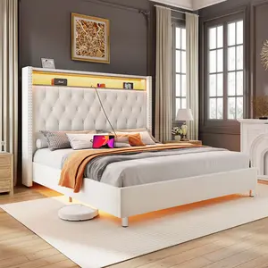 VanAcc LED Bed Frame with Charging Station Upholstered Bed Frame with Headboard Storage Motion Activated Night Light, No Box Spring Needed