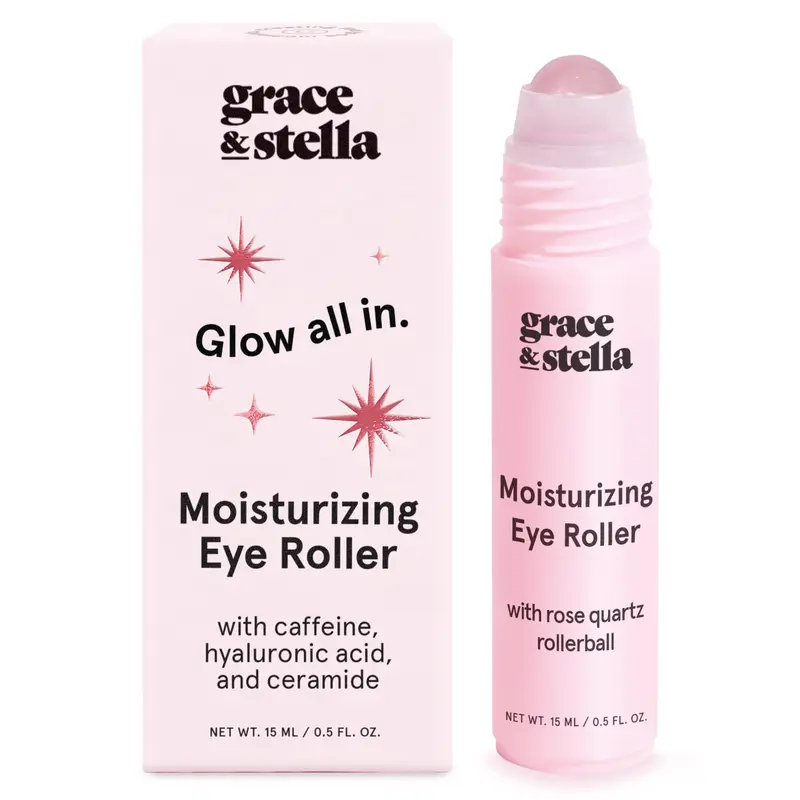 Moisturizing Eye Roller – With Rose Quartz Rollerball, Ceramides & Caffeine for Dark Circles & Puffy Eyes | Hydrating Eye Treatment for Eye Bags, Fine Lines & Tired Eyes by grace & stella
