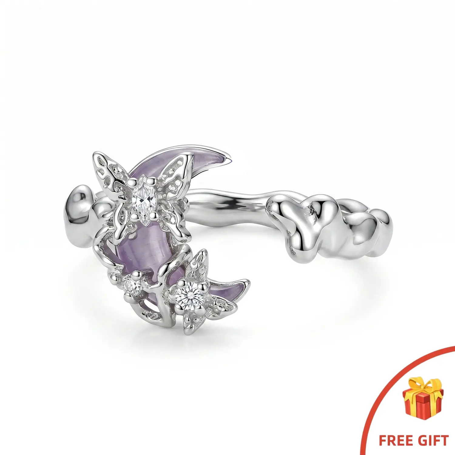 Purple Moon & Butterfly Open Ring, Sparkling Stone Adjustable Statement Ring, Perfect Gift for Her Moissanite Decorated Ring