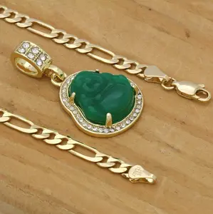 Lucky Happy Green Jade Buddha Iced Gold Silver Plated Religious Pendant & 4mm 20" 24" 14K Stamped Figaro Chain Necklace Fashion Jewelry Gift For Men, Women, Unisex