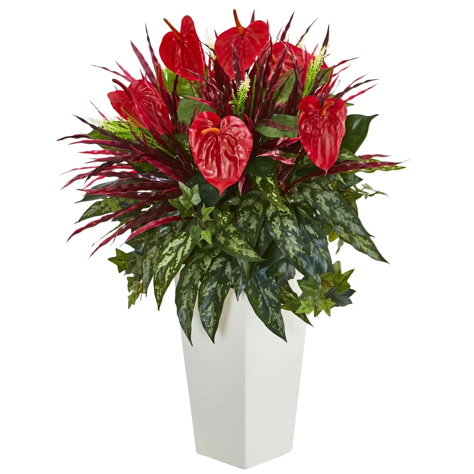33" Colorful Synthetic Mixed Fake Anthurium Indoor Plant - Anthurium Decoration with White Tower Vase for Home Plant & Floral Decor