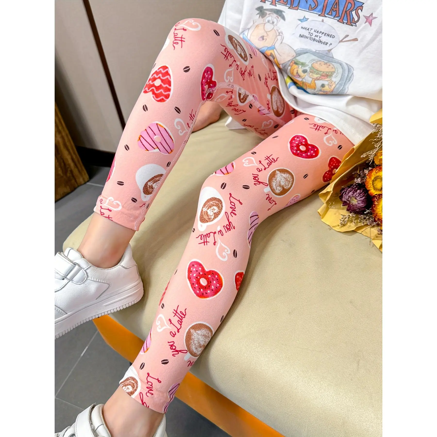 1pc Stretchy & Slim Girls' Pink Heart Donut Pattern Leggings - Soft Polyester/Elastane Blend, Non-See-Through, Perfect for Spring/Summer/Fall Outdoor Activities & Sister Bonding Time