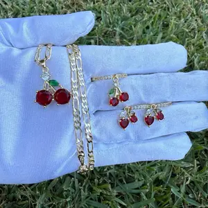Cherry Necklace Earrings Adjustable Ring Set with Red Cherry Charms and Gold-Tone Accents