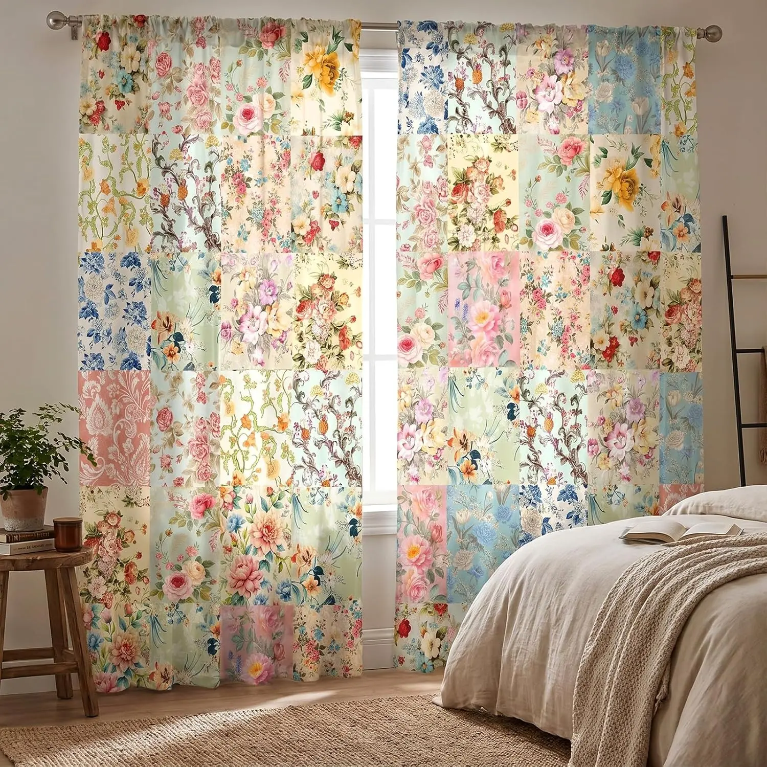J9 | 2 Pcs Boho Patchwork Floral Curtains for Living Room Vintage Retro Pink Flowers Curtains Bohemian Farmhouse Country Cottagecore Window Drapes 52 x 84 Inches Bedroom Party Decor