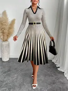 Elegant V-Neck Long Sleeve Striped Dress, Geometric Stripe Print A-Line Party Gown, Spring & Fall Fashion, Womenswear Chic, No Belt Included Hrs073
