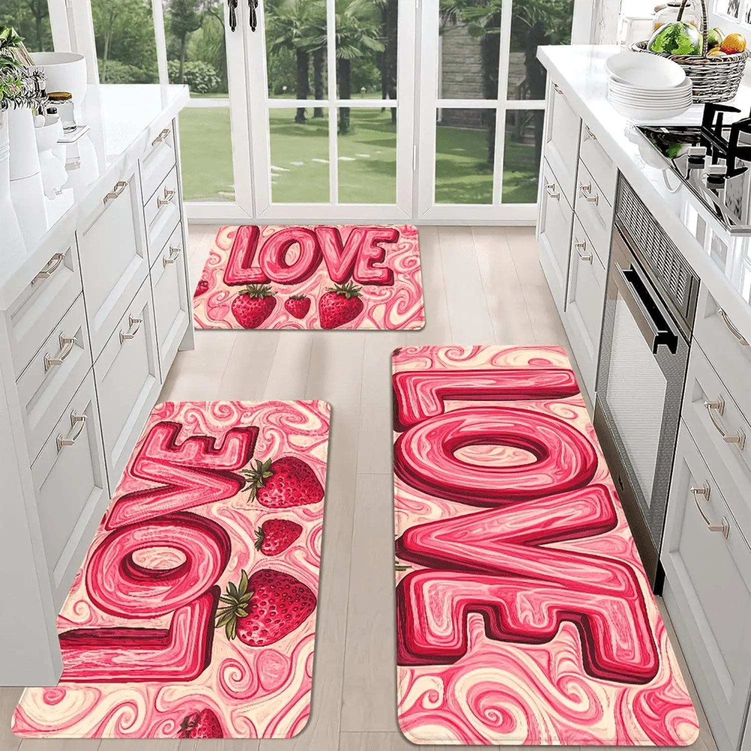 Love Letter Strawberry Swirl Pattern Flannel Non Slip Indoor Kitchen Rug