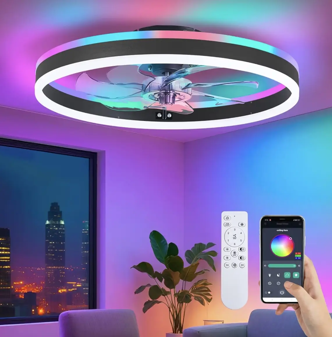 RGB Ceiling Fan with Light, 20'' Low Profile Ceiling Fans, Black Flush Mount LED Fan Light with Remote Control, Modern Bladeless Chandelier for Bedroom, Living Room, Kitchen