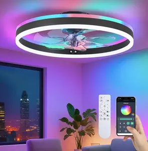 RGB Ceiling Fan with Light, 20'' Low Profile Ceiling Fans, Black Flush Mount LED Fan Light with Remote Control, Modern Bladeless Chandelier for Bedroom, Living Room, Kitchen