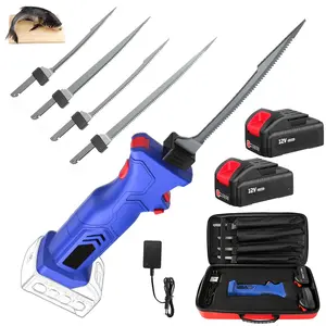 Electric Fishing Fillet Knife with 4 Ti-Nitride S.S.Coated Non-Stick Blades, 12V Cordless Electric Fish Knife with 2Pcs 2.0Ah Batteries, Charger and Storage Box
