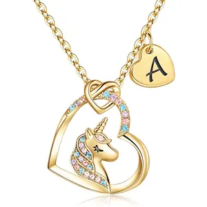 Unicorn Gifts for Girls Necklace - Colorful CZ Heart Pendant Initial Unicorn Necklaces for Girl Kids Litter Girl Unicorns Jewelry Birthday Gifts for Girls Kids