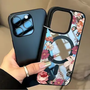 Spring Series Fresh Flower Pattern Transparent Magnetic Phone Case Suitable for Iphone 16Pro Max 15 14 13 12 11 Clear  Function, Luxurious Anti Drop Acrylic