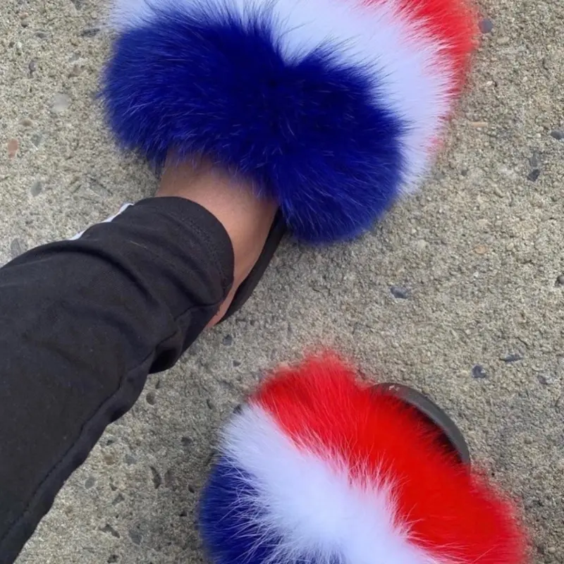 Red Blue & White Fluffy Slides for Women & Girls - Indoor/Outdoor Comfortable & Stylish Open Toe Fur Slides with Soft Rubber Sole for Year-Round Use sizes 5,5.5,7,7.5,8,8.5