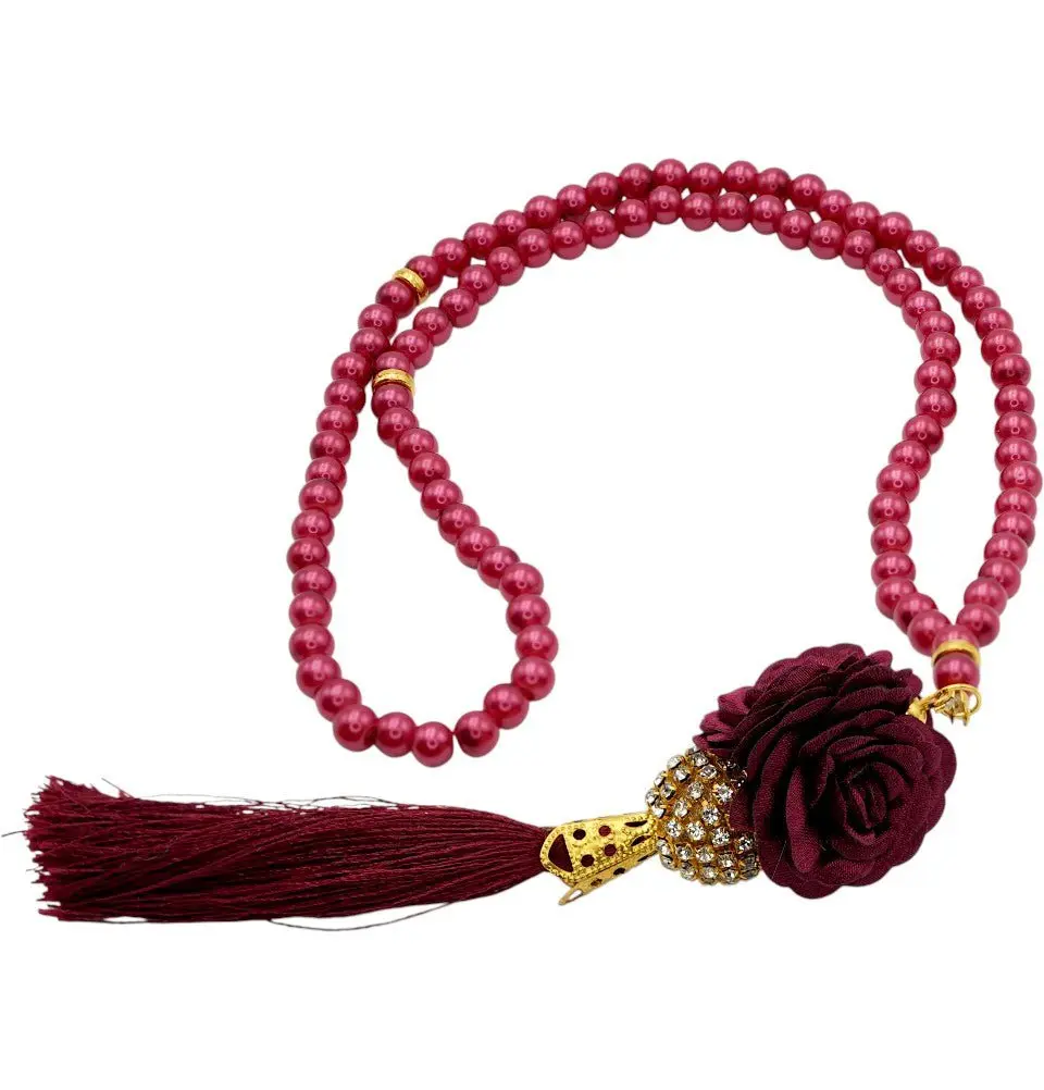 Islamic Tesbih Acrylic Pearl 99 Count Prayer Beads with Rose & Rhinestone Bead - Red
