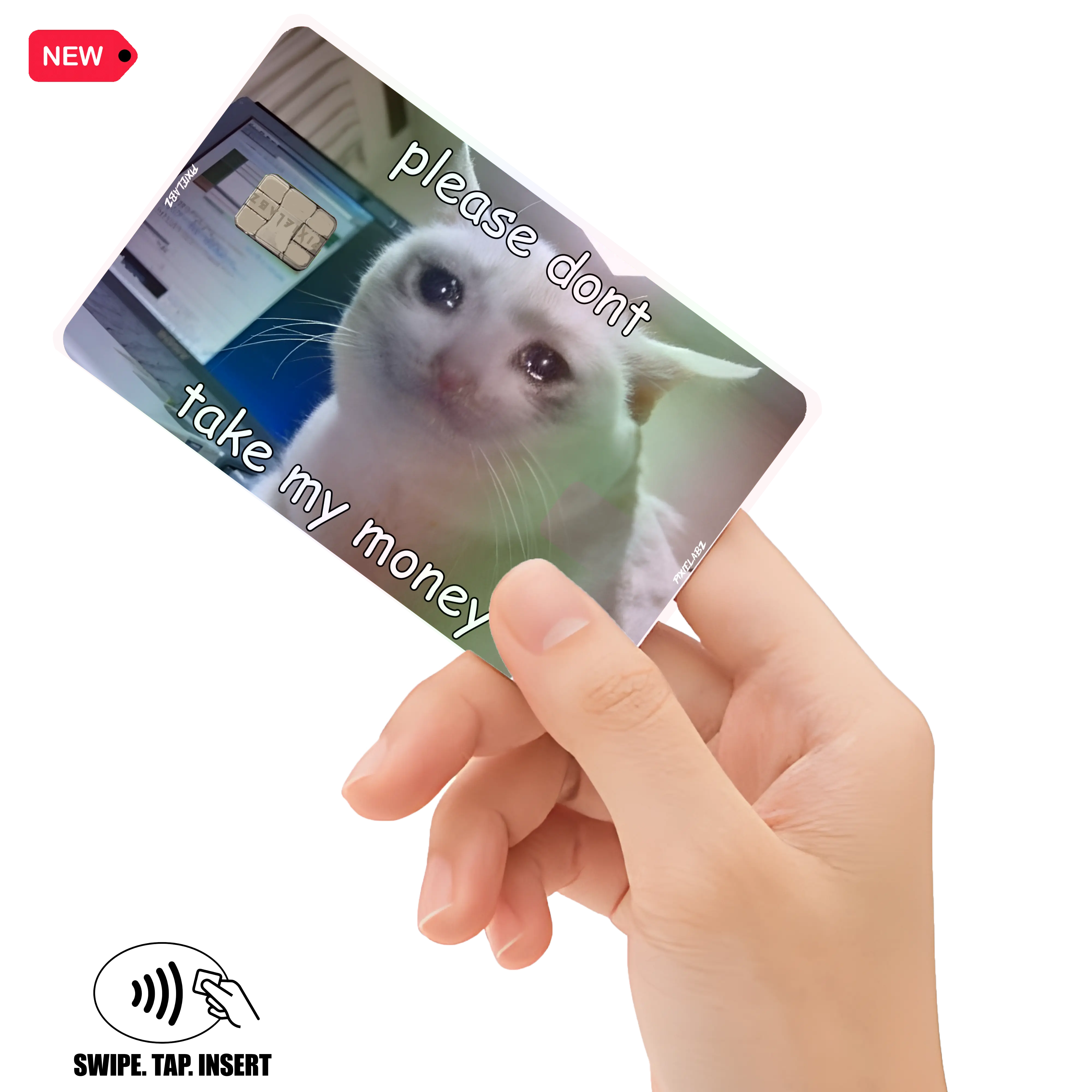 Sad Cat Crying Meme ID Holographic Debit Credit Card Decal Adhesive Stickers Waterproof Premium Quality Custom Orders Available Easy Application Durable Material