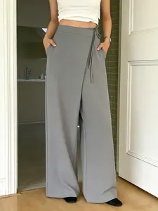 A women's casual gray suit wide leg pants, Womenswear, with a strap design, high waist, slim straight leg, suitable for commuting, leisure, home, all seasons
