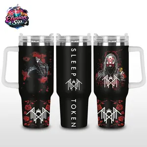 [Elysian Sip] - Dark Masked Figure Rose Aesthetic 40oz & 20oz Stainless Steel Tumbler with Handle – Gothic Horror Insulated Mug, Red Blood Art Style Cup, Alternative Streetwear Design, Leakproof Travel Gift.