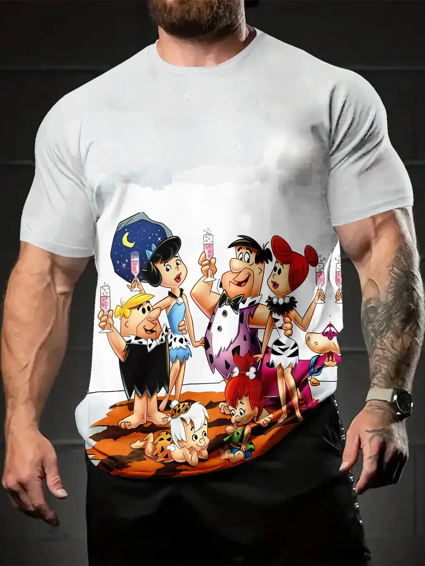 The Flintstones Party 3D Digital Printed T-shirt, a Classic, casual, versatile, and sporty menswear men's crew-neck short-sleeve top, suitable for daily wear, and a perfect holiday gift for men.