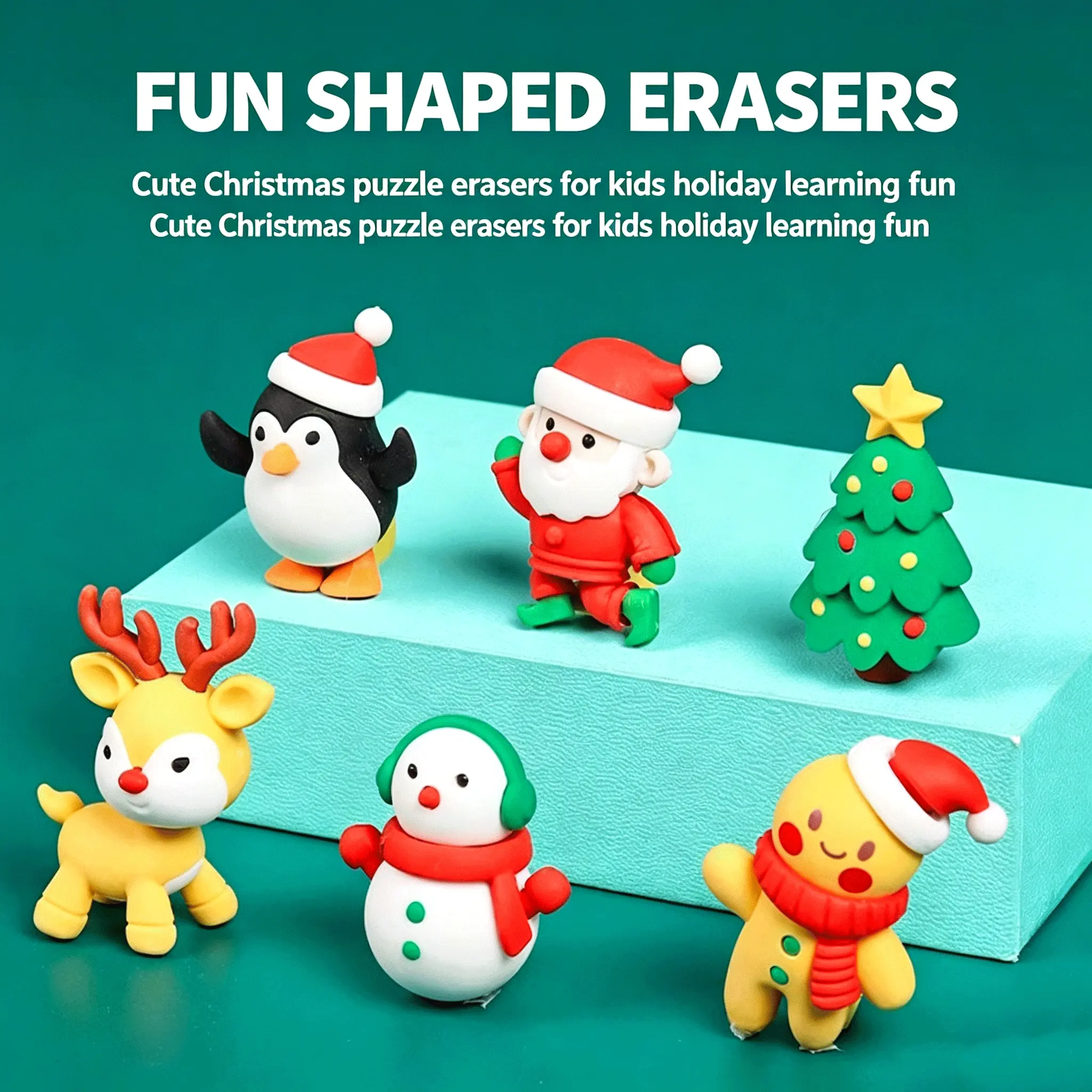 6-Piece Cute Christmas 3D Shapes Eraser Set for Kids - Cartoon Santa, Reindeer, Snowman, Penguin, Tree, Gingerbread Man Novelty Erasers, Holiday Fun Classroom Prize Stocking Stuffer Gift