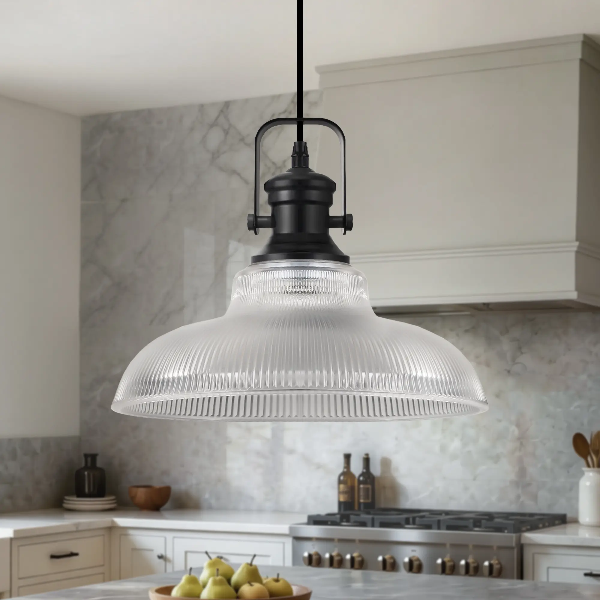 12'' 1-Light Hand-Blown Ribbed Glass Dome Pendant Light for Kitchen Island