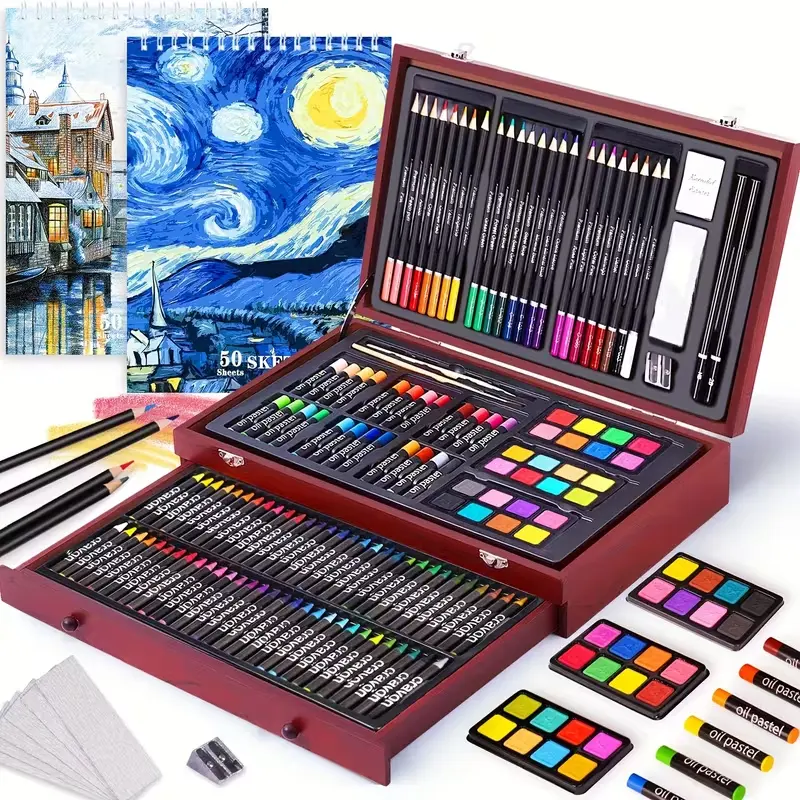 146pcs Deluxe Art Set, Art Supplies with Wooden Box, Painting and Drawing Art Kit, with Crayons, Colored Pencils, Oil Pastels, and Watercolors, Suitable for Beginners and Artists for Painting, Design, and Art Creation