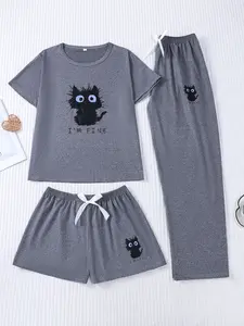 Women's 3-Piece Grey Frazzled Black Cat Print Pajama Set, Round Neck Short Sleeve T-Shirt + Shorts + Pants Combo, Casual Loungewear, Funny Quirky Style Sleepwear for All Seasons, Pj Bottoms