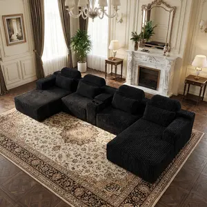 Aobtkel® Modern Black Velvet L-Shaped Sectional Sofa Sets - 4-Piece Living Room Set with Chaise Lounge, Cup Holders - 143.7"/365cm Extra Large Modular Sofa for Home Theater, Luxury Living Spaces, L-Shaped Sofa Sets