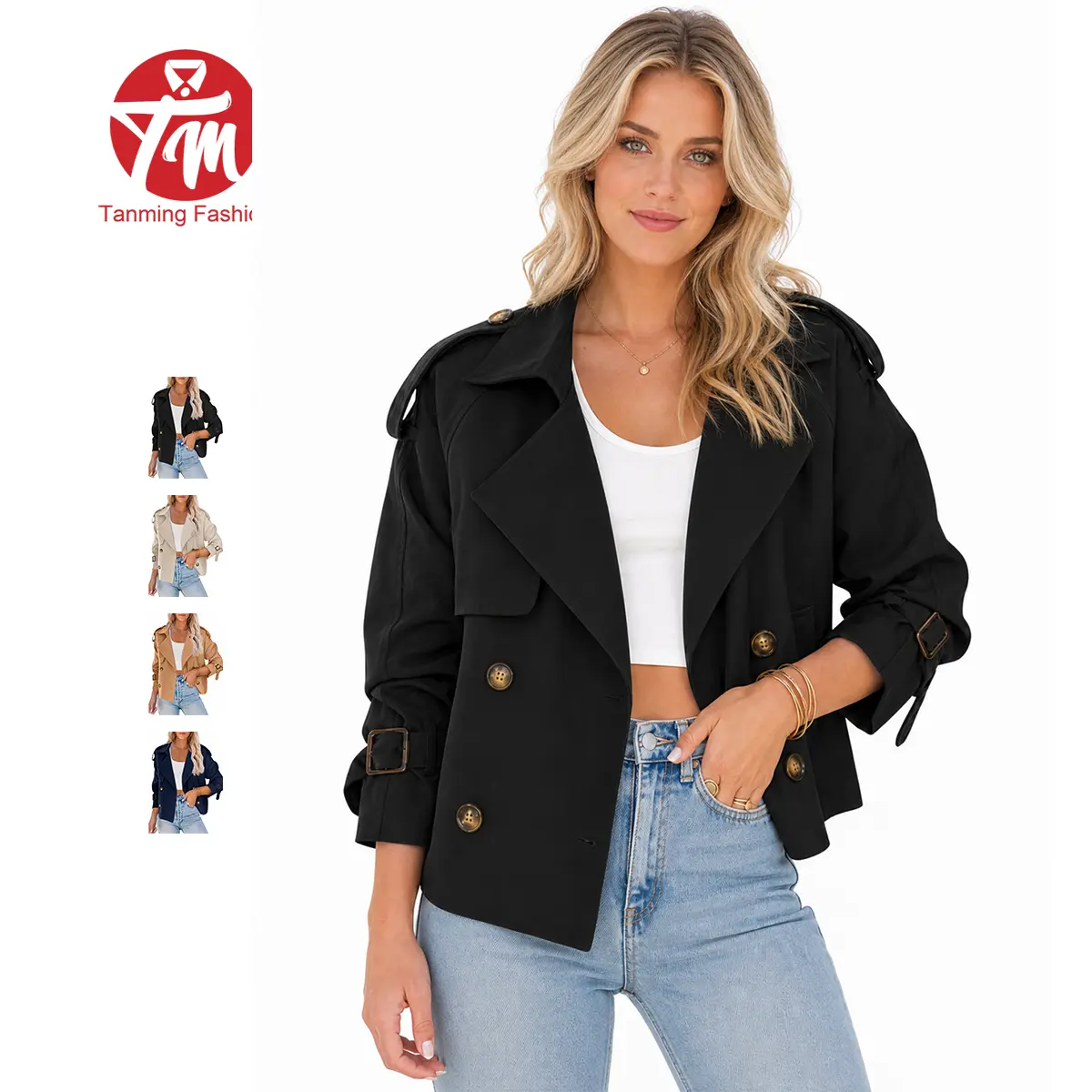 Tanming Women's Long Sleeve Minimalist Basic Polyester Cropped Double-Breasted Trench Coat - Lapel, Epaulet, Buckle Cuff Short Jacket with Pockets, Machine Wash Office Casual Outerwear