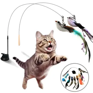 Interactive Suction Cup Cat Toy, Bird Feather Wand with Flexible Steel Wire, Hands-Free Teaser for Kittens, Detachable Toy Base Boredom Relief Rechargeable Chirping Flapping